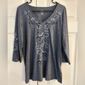 NWOT J.Jill Purejill Women’s Blue Flower Embroidered Jersey Tunic Blouse Size S